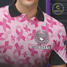 Load image into Gallery viewer, Pink ribbon pattern Men bowling shirt Custom American flag patriotic breast cancer bowling team shirt NQS10411