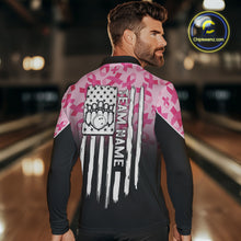 Load image into Gallery viewer, Pink ribbon pattern Men bowling shirt Custom American flag patriotic breast cancer bowling team shirt NQS10411