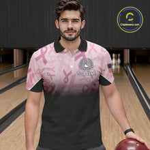 Load image into Gallery viewer, Mens bowling shirt Custom American flag patriotic Pink ribbon breast cancer bowling team jersey NQS10412