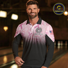 Load image into Gallery viewer, Mens bowling shirt Custom American flag patriotic Pink ribbon breast cancer bowling team jersey NQS10412