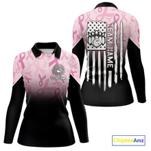 Load image into Gallery viewer, Womens bowling shirt Custom American flag patriotic Pink ribbon breast cancer bowling team jersey NQS10412