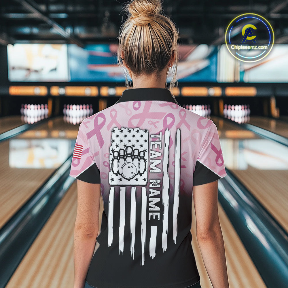 Womens bowling shirt Custom American flag patriotic Pink ribbon breast cancer bowling team jersey NQS10412