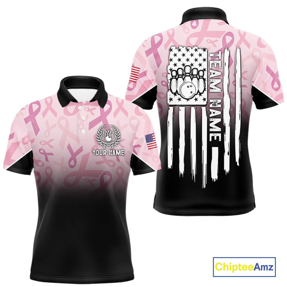 Mens bowling shirt Custom American flag patriotic Pink ribbon breast cancer bowling team jersey NQS10412