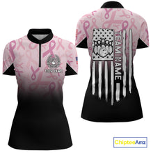Load image into Gallery viewer, Womens bowling shirt Custom American flag patriotic Pink ribbon breast cancer bowling team jersey NQS10412