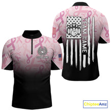 Load image into Gallery viewer, Mens bowling shirt Custom American flag patriotic Pink ribbon breast cancer bowling team jersey NQS10412