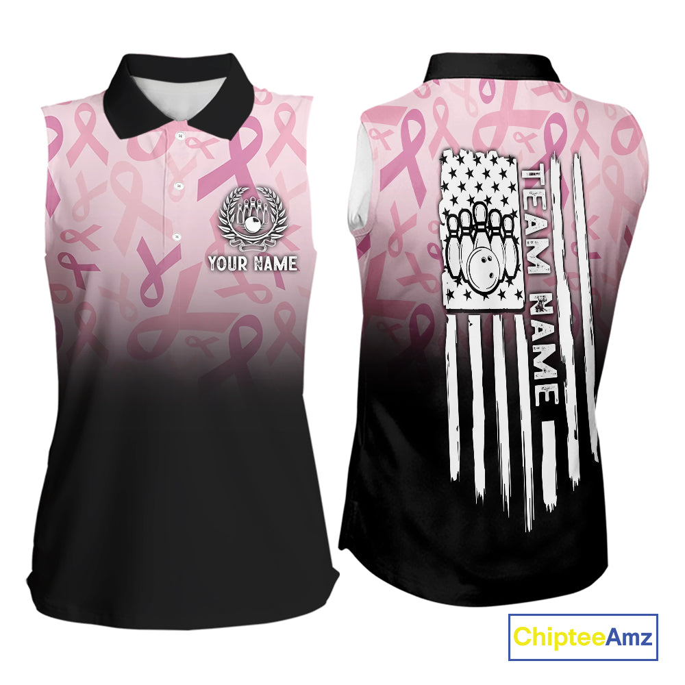 Sleeveless polo shirt Custom American flag patriotic Pink ribbon breast cancer bowling team jersey NQS10412