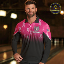 Load image into Gallery viewer, Custom American flag patriotic Pink ribbon breast cancer bowling shirt for men bowling team jersey NQS10413