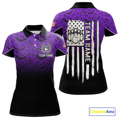 Purple Halloween pattern Custom American flag patriotic Bowling shirt for Women, Bowling team jersey NQS10415