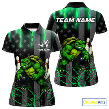 Load image into Gallery viewer, Black American flag Women&#39;s bowling shirts Custom Green lightning thunder Turtle Bowling Team Jerseys NQS10623