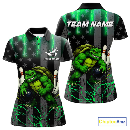 Black American flag Women's bowling shirts Custom Green lightning thunder Turtle Bowling Team Jerseys NQS10623