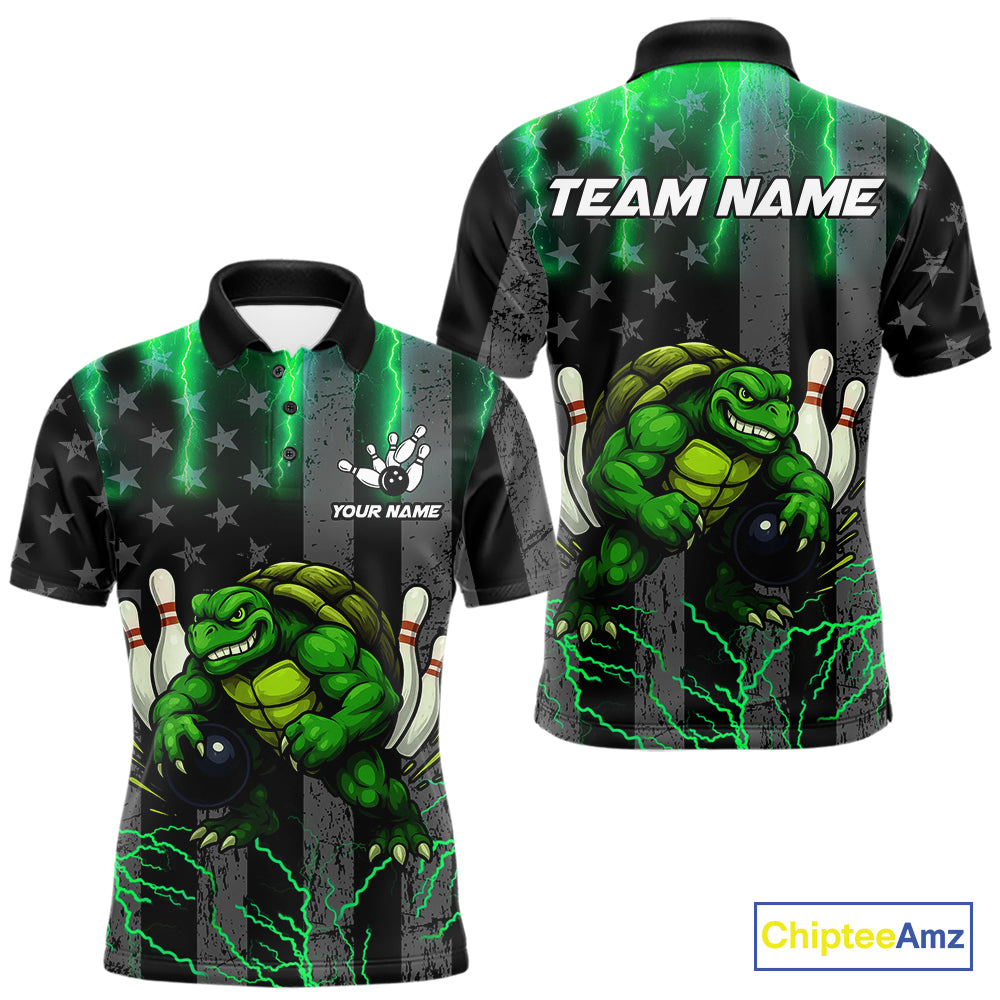 Black American flag Men's bowling shirts Custom Green lightning thunder Turtle Bowling Team Jerseys NQS10623