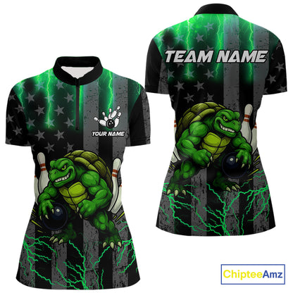 Black American flag Women's bowling shirts Custom Green lightning thunder Turtle Bowling Team Jerseys NQS10623