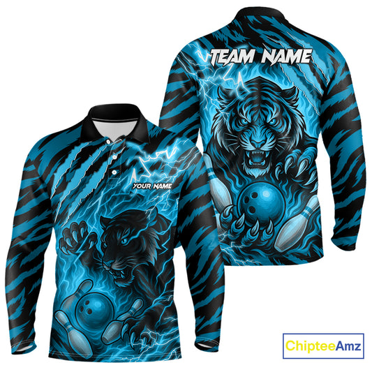 Personalized Tiger Bowling Shirts For Men, Blue Flame Lightning Thunder Tiger Team Bowling Jerseys NQS11232