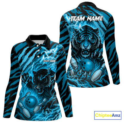 Personalized Tiger Bowling Shirts For Women, Blue Flame Lightning Thunder Tiger Team Bowling Jerseys NQS11232