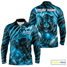 Load image into Gallery viewer, Personalized Tiger Bowling Shirts For Men, Blue Flame Lightning Thunder Tiger Team Bowling Jerseys NQS11232