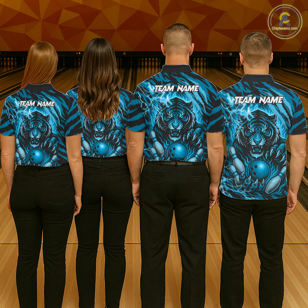 Personalized Tiger Bowling Shirts For Men, Blue Flame Lightning Thunder Tiger Team Bowling Jerseys NQS11232