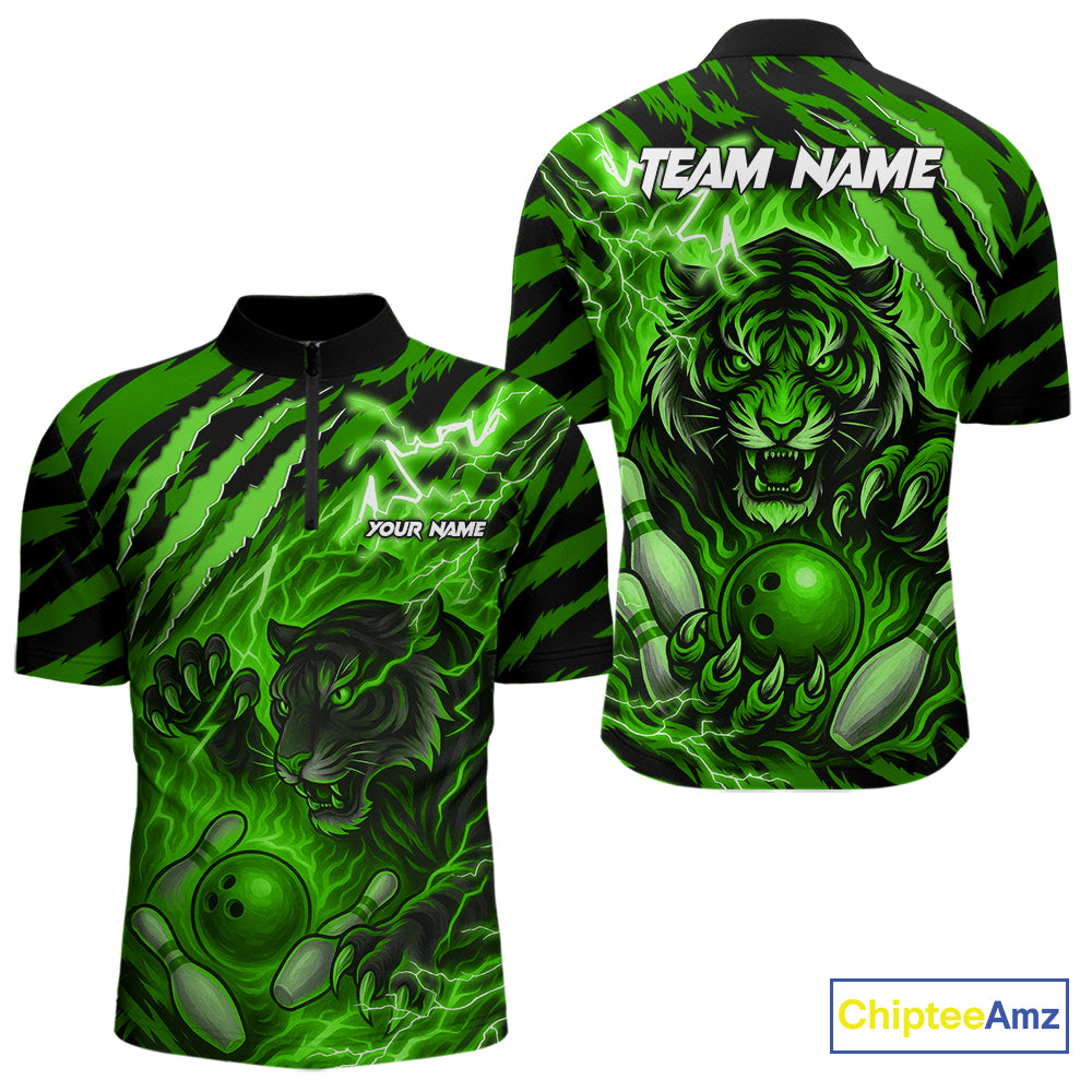 Personalized Tiger Bowling Shirts For Men, Green Flame Lightning Thunder Tiger Team Bowling Jerseys NQS11233