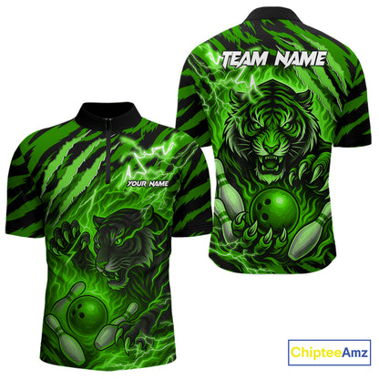 Personalized Tiger Bowling Shirts For Men, Green Flame Lightning Thunder Tiger Team Bowling Jerseys NQS11233