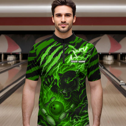 Personalized Tiger Bowling Shirts For Men, Green Flame Lightning Thunder Tiger Team Bowling Jerseys NQS11233