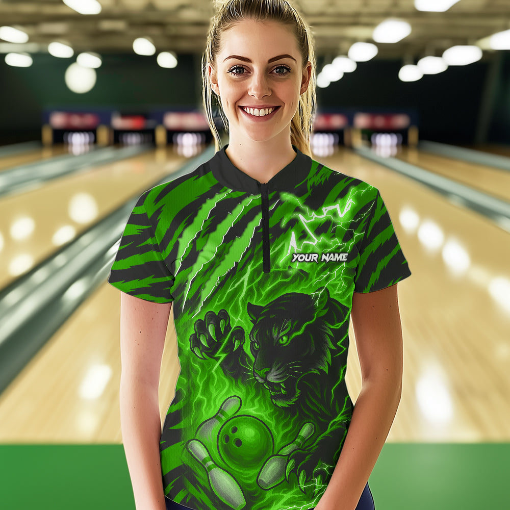Personalized Tiger Bowling Shirts For Women, Green Flame Lightning Thunder Tiger Team Bowling Jerseys NQS11233