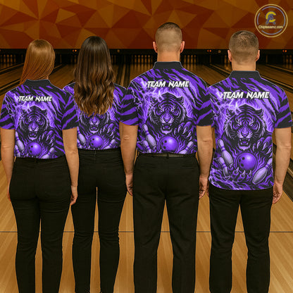 Personalized Tiger Bowling Shirts For Men, Purple Flame Lightning Thunder Tiger Team Bowling Jerseys NQS11234