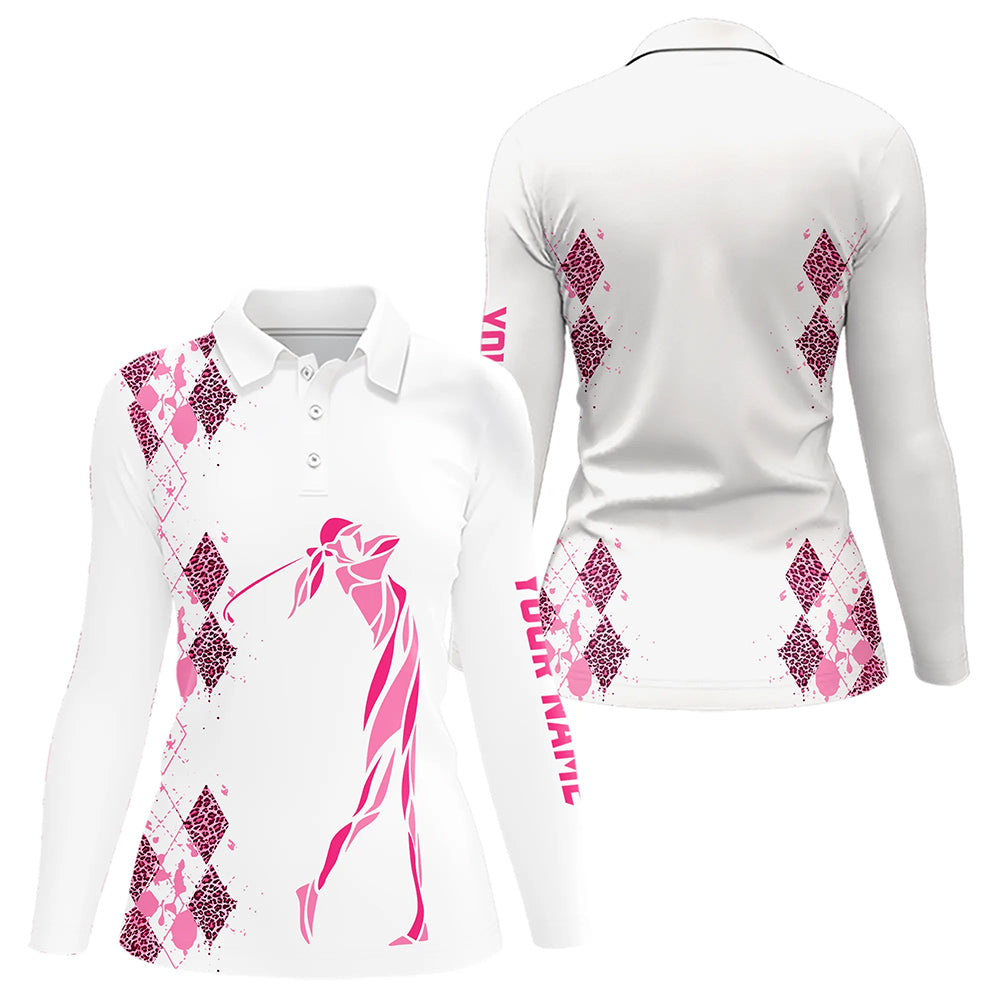 Pink Leopard argyle pattern white Women golf polo shirts custom golf wear for women, unique golf gifts NQS9349