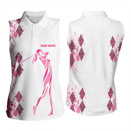 Pink Leopard argyle pattern white Women sleeveless golf polo shirt custom golf tank top for women NQS9349