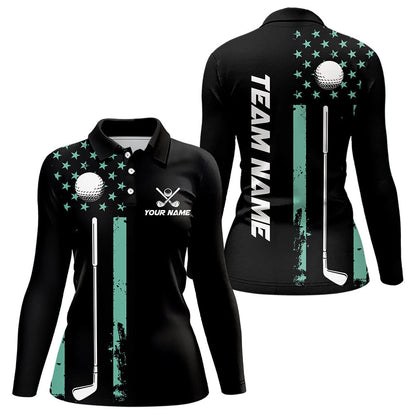 Black & Turquoise American Flag Women golf polo shirts custom patriotic golf attire for ladies NQS9355