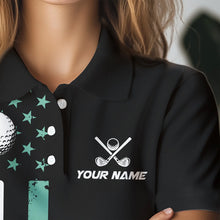 Load image into Gallery viewer, Black &amp; Turquoise American Flag Women golf polo shirts custom patriotic golf attire for ladies NQS9355