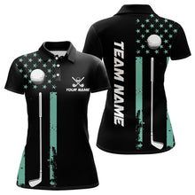 Load image into Gallery viewer, Black &amp; Turquoise American Flag Women golf polo shirts custom patriotic golf attire for ladies NQS9355