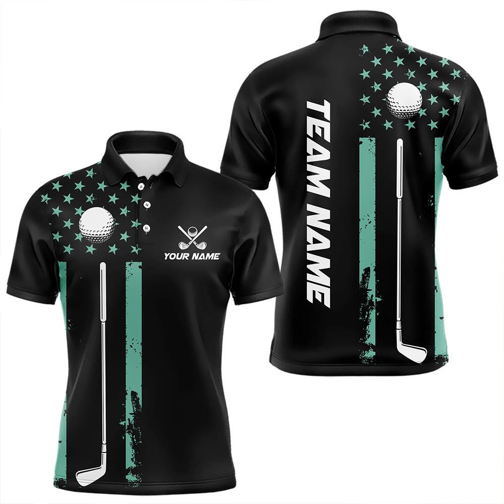 Black & Turquoise American Flag Mens golf polo shirts custom patriotic golf attire for men NQS9355