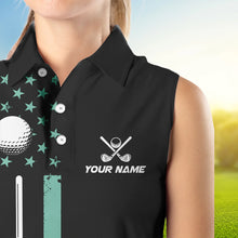 Load image into Gallery viewer, Black &amp; Turquoise American Flag Women sleeveless polos custom patriotic golf attire for ladies NQS9355