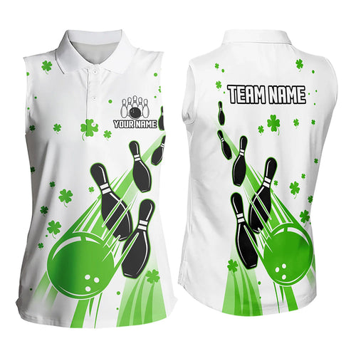 Green and White Shamrock Lucky Bowling Sleeveless Polo Shirt Custom St Patrick Day Team Bowling Jersey NQS9499