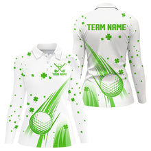 Load image into Gallery viewer, Green and White shamrock Lucky Womens golf polo shirts Custom St Patrick Day golf attire for ladies NQS9500