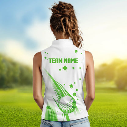 Green & White shamrock Lucky Women sleeveless polo shirt Custom St Patrick Day golf attire for ladies NQS9500