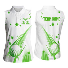Load image into Gallery viewer, Green &amp; White shamrock Lucky Women sleeveless polo shirt Custom St Patrick Day golf attire for ladies NQS9500