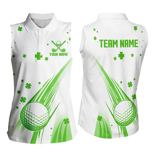 Green & White shamrock Lucky Women sleeveless polo shirt Custom St Patrick Day golf attire for ladies NQS9500