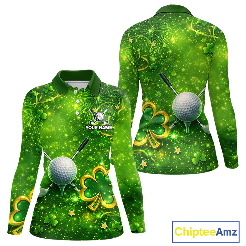 Happy St Patrick's Day Green and Gold Shamrock Womens Golf Polo Shirts Custom Golf Clothes for Ladies NQS11629