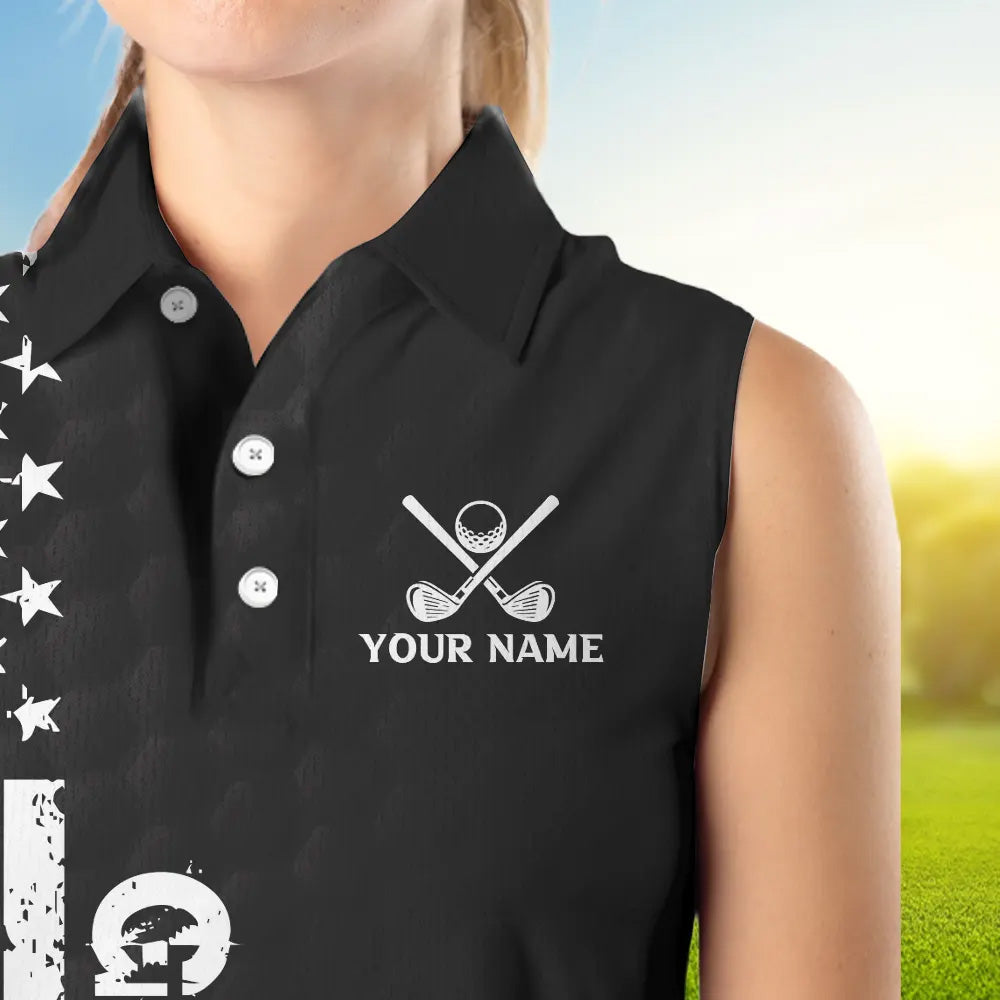 Black and White Retro American Flag Women Sleeveless golf polo shirts custom patriotic golf gifts NQS9663