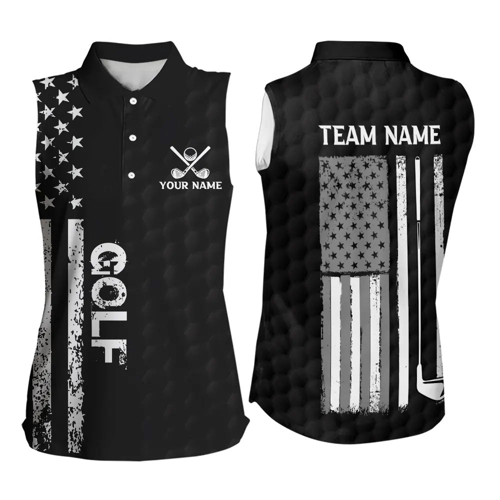 Black and White Retro American Flag Women Sleeveless golf polo shirts custom patriotic golf gifts NQS9663
