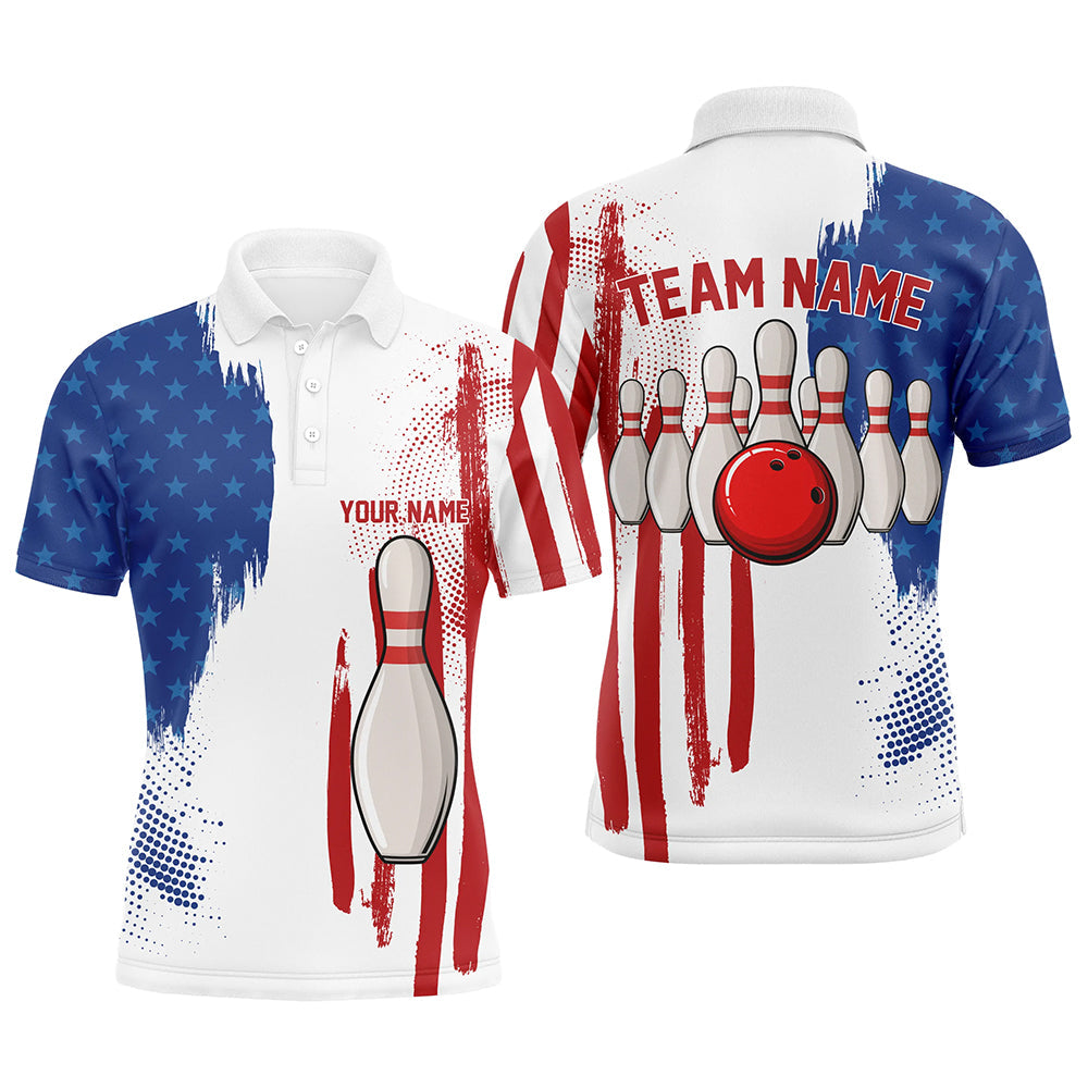 Red white and blue American flag Men bowling Polo, Quarter Zip shirt Custom Bowling Team League Jersey NQS7624