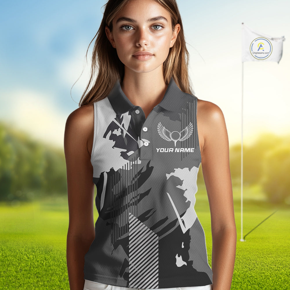 Personalized Gray camo Golf sleeveless polo shirts for women custom camo golf shirt, unique golf gifts NQS9944