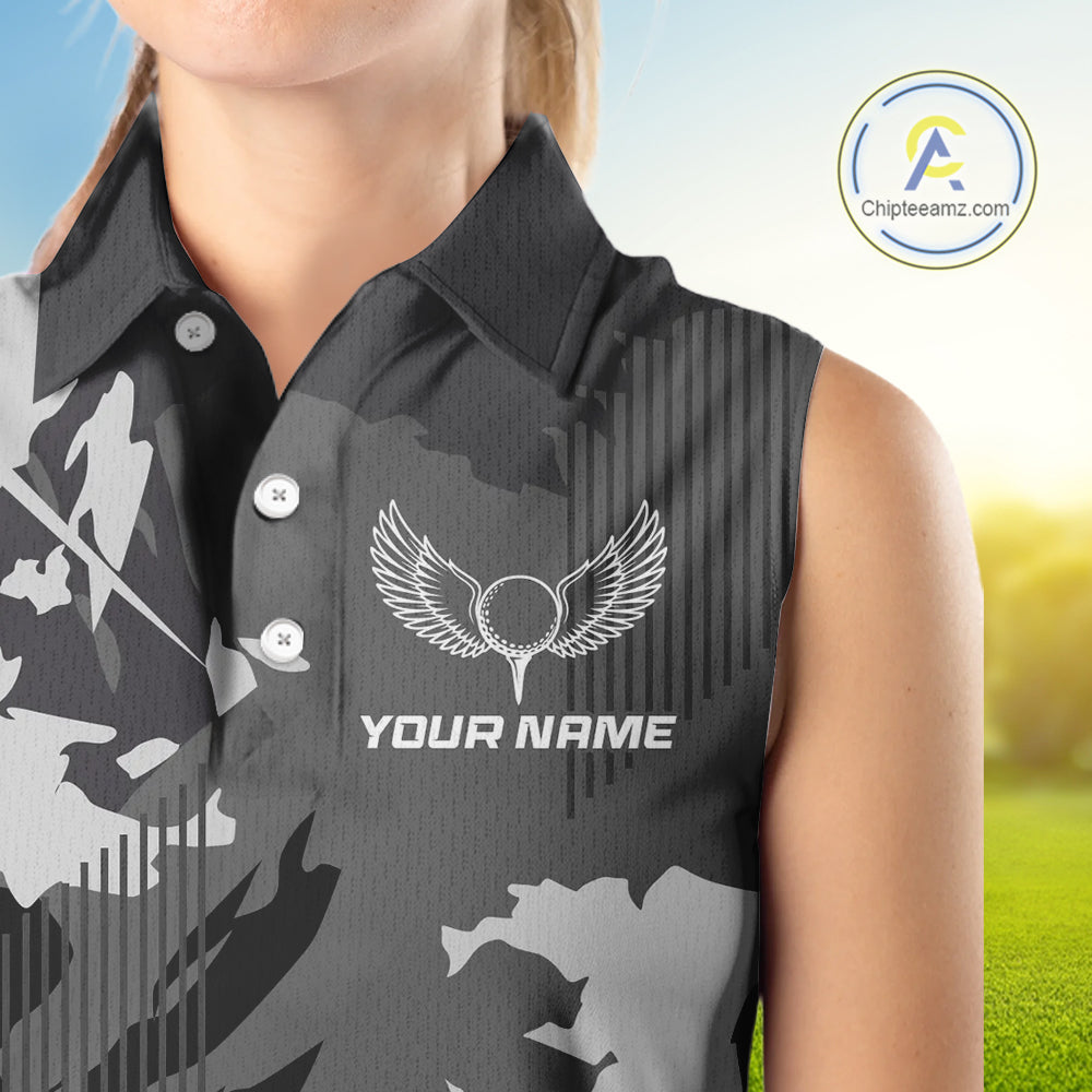 Personalized Gray camo Golf sleeveless polo shirts for women custom camo golf shirt, unique golf gifts NQS9944