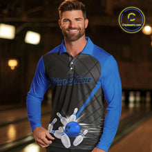 Load image into Gallery viewer, Black and blue bowling league jersey custom Mens Bowling Polo, 1/4 zip Shirt, gifts for men bowler NQS10095
