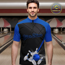 Load image into Gallery viewer, Black and blue bowling league jersey custom Mens Bowling Polo, 1/4 zip Shirt, gifts for men bowler NQS10095