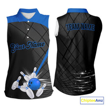 Load image into Gallery viewer, Black &amp; blue bowling league jersey custom Bowling sleeveless polo Shirt, gifts for ladies bowler NQS10095