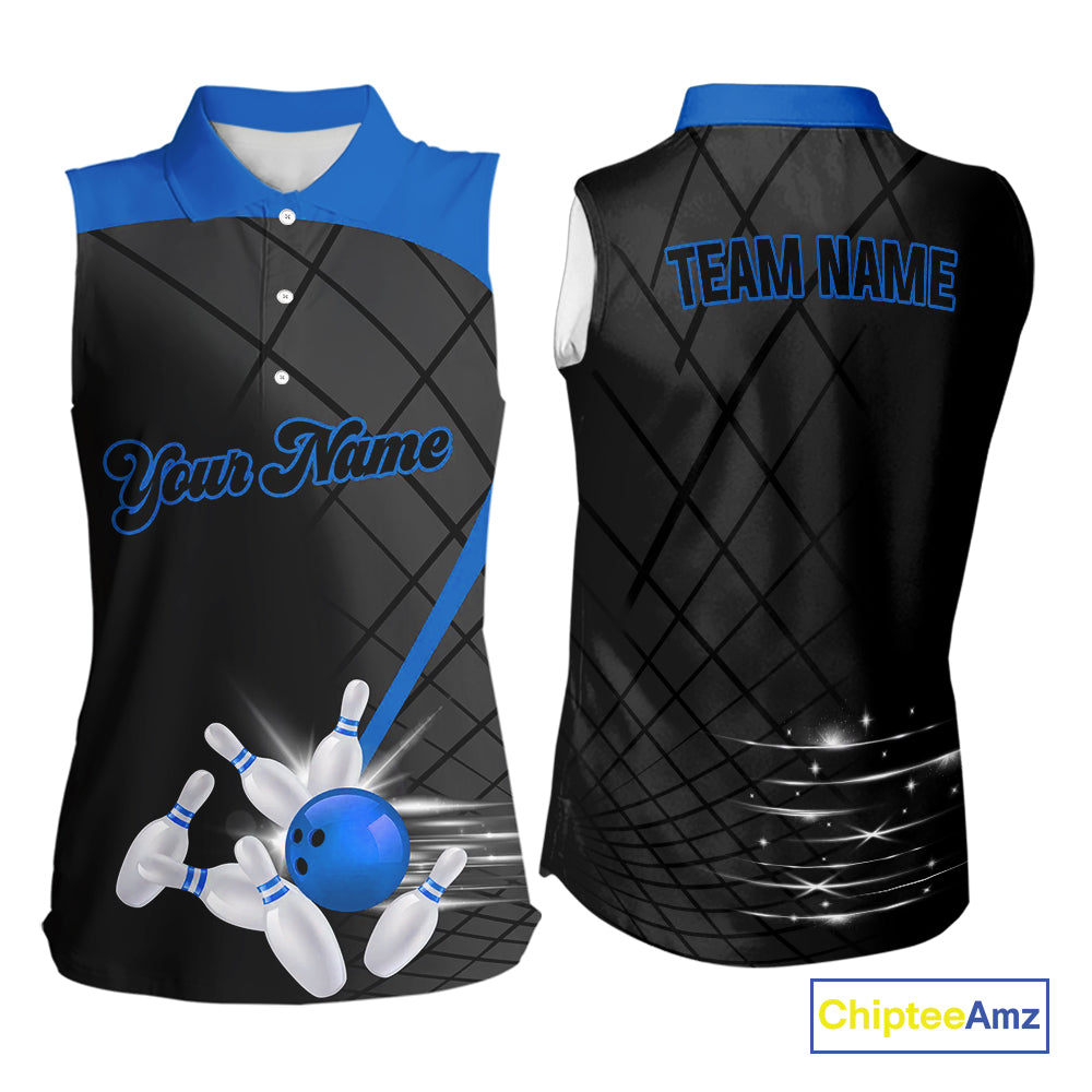 Black & blue bowling league jersey custom Bowling sleeveless polo Shirt, gifts for ladies bowler NQS10095