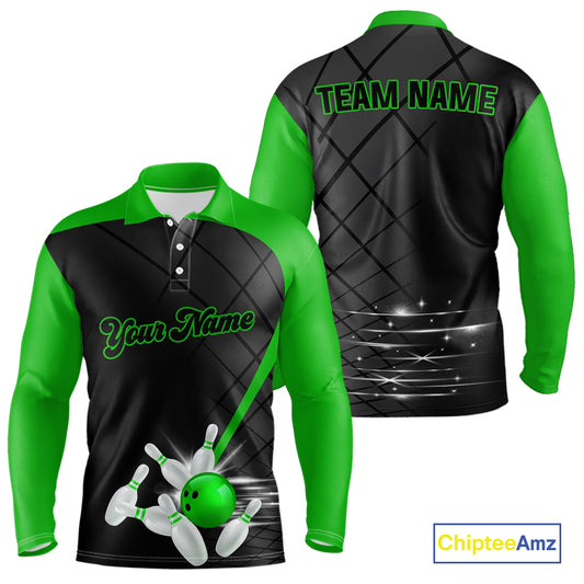 Black and Green bowling league jersey custom Mens Bowling Polo, 1/4 zip Shirt, gifts for men bowler NQS10096