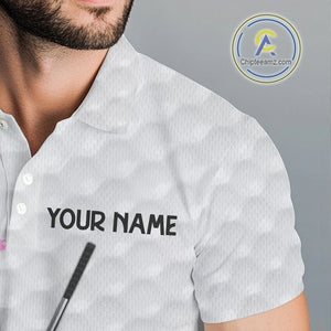 Pink ribbon breast cancer pattern custom name white Mens golf polo shirts, team golf tops for men NQS10421