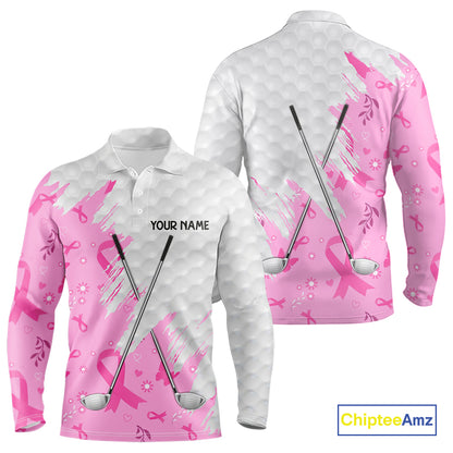 Pink ribbon breast cancer pattern custom name white Mens golf polo shirts, team golf tops for men NQS10421